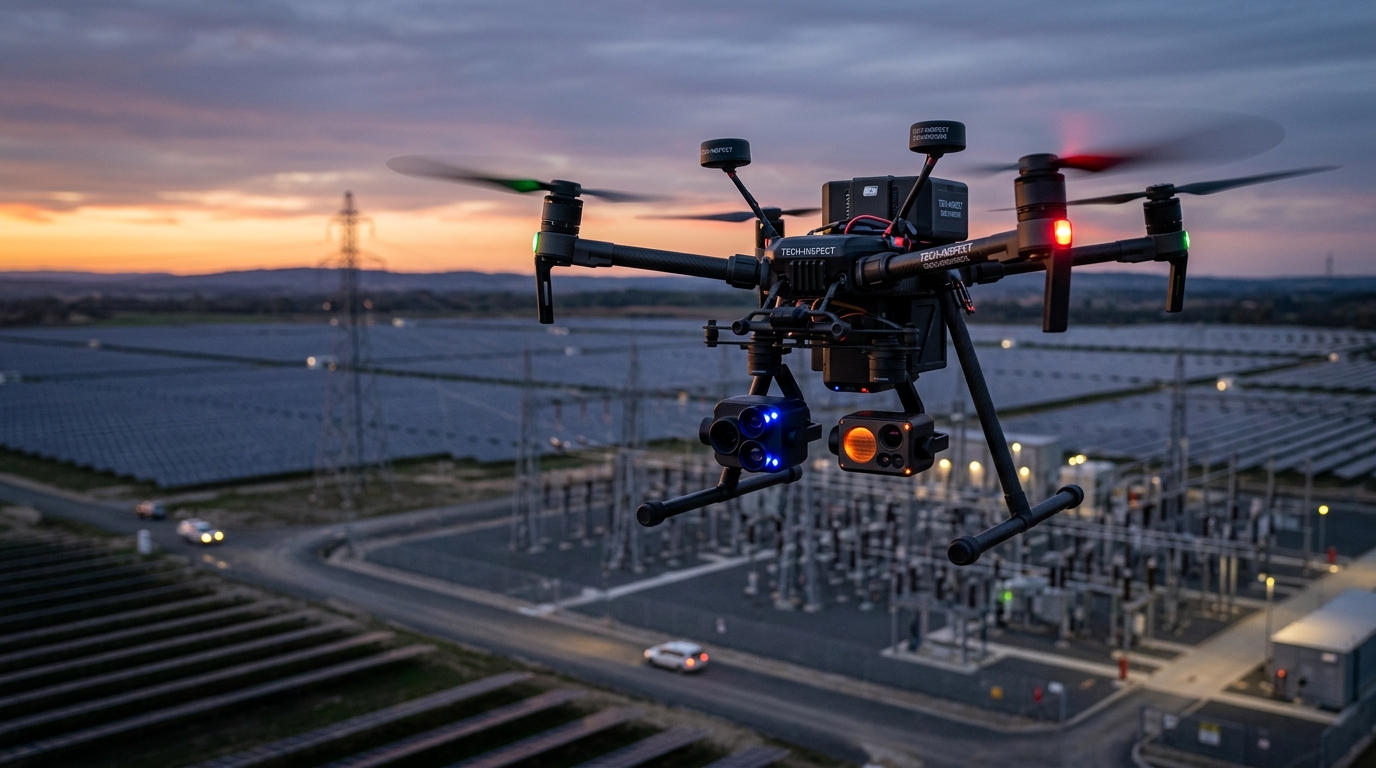 Commercial drone flying over a solar array at dusk